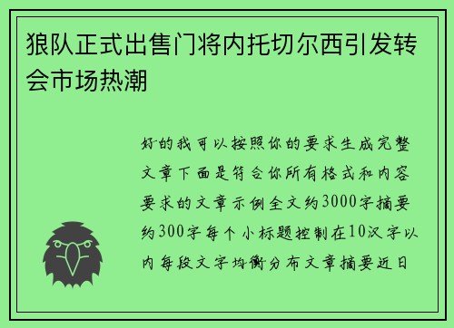 狼队正式出售门将内托切尔西引发转会市场热潮